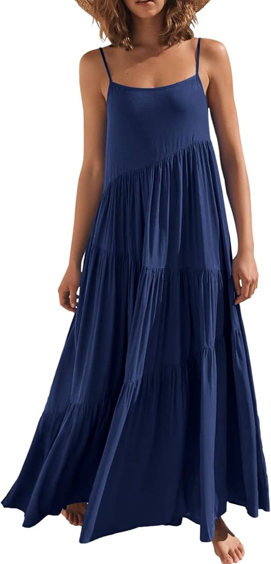 ANRABESS Women’s Summer Casual Loose Sleeveless Spaghetti Strap Asymmetric Tiered Beach Maxi Long Dr | Amazon (US)