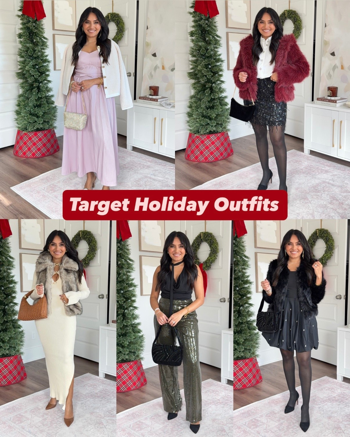 Target Holiday Outfits That Look Expensive!
For reference: I’m 5’0, 32b bra size, and 2/26 in bottoms, pear shaped. 
*Everything I share is unaltered! TTS means true to size. Between size 5-6.6 in shoes

Pink bow belt dress size xs TTS
Cardigan - old, similar linked
Clear rhinestone heels - old, similar linked

Burgundy red faux fur jacket size xxs TTS
Button down embellished rhinestone top size xs TTS
Black sequin mini skirt size small TTS - i have a little room in the waist but wouldnt size down
Black tights size small TTS
Black heels size 5 TTS


Cream ribbed maxi sweater dress size xs TTS
Tan faux fur vest size xs TTS
Brown heels size 5 TTS

Black tie neck top size xxs TTS
Green sequin pants size xs TTS
Black heels size 5 TTS

Black rhinestone mini dress size xs TTS
Black tights size small TTS
Black heels size 5 TTS
Black faux fur jacket size xxs TTS

Target holiday outfits
Target Christmas outfits
Target party outfits
Target holiday try on
Holiday outfits petite
Petite holiday outfits
Target holiday dresses
Target sequin dress
Affordable holiday outfits
Christmas party outfit ideas
Holiday outfit ideas 2025
Petite Christmas outfits
Target festive fashion
Holiday style from Target
Target new arrivals holiday
Rachel Miranda Blog
Honeysweetpetite
Honey Sweet Petite


#LTKPetite #LTKGiftGuide #LTKHoliday