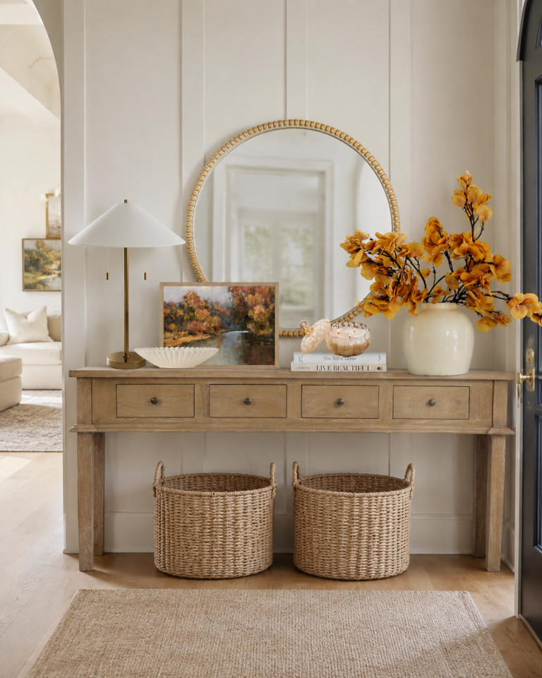 Fall Entryway Decor. Fall console table styling. Fall printable art, wood console table, faux fall stems, pumpkin candle, round mirror. 

 #LTKSeasonal #LTKHome