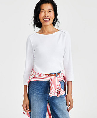 Women's Pima Cotton 3/4-Sleeve Boat-Neck Top | Macy's