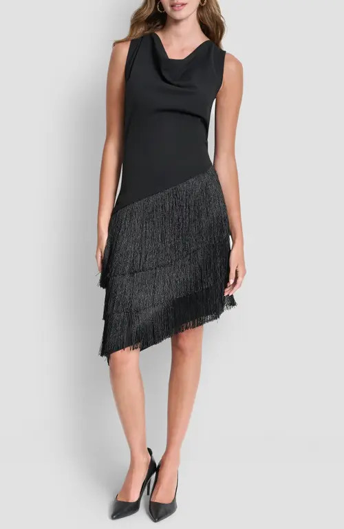 DKNY Cowl Neck Asymmetric Fringe Dress in Black at Nordstrom, Size 0 | Nordstrom