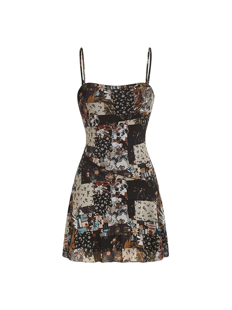 WDIRARA Women's Summer Boho Patchwork Print Spaghetti Strap Flared Short Cami Dress | Amazon (US)