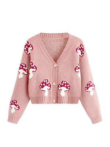SweatyRocks Girl's Cute Graphic Print V Neck Sweater Button Down Knitted Cardigan Top Dusty Pink 9Y | Amazon (US)