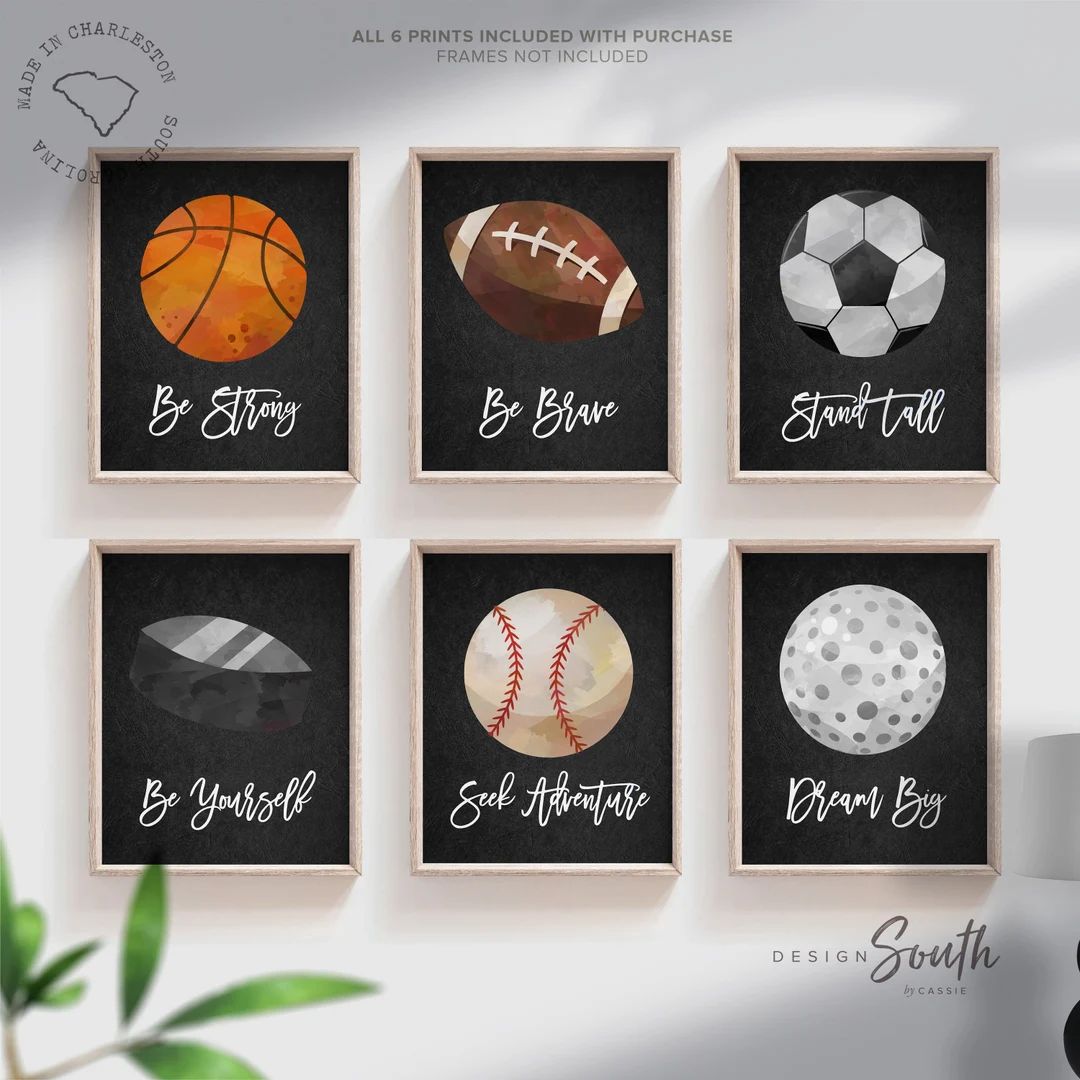 Sports collection art set of 6, boys sports nursery wall art prints, boy sports theme, boy sports... | Etsy (US)