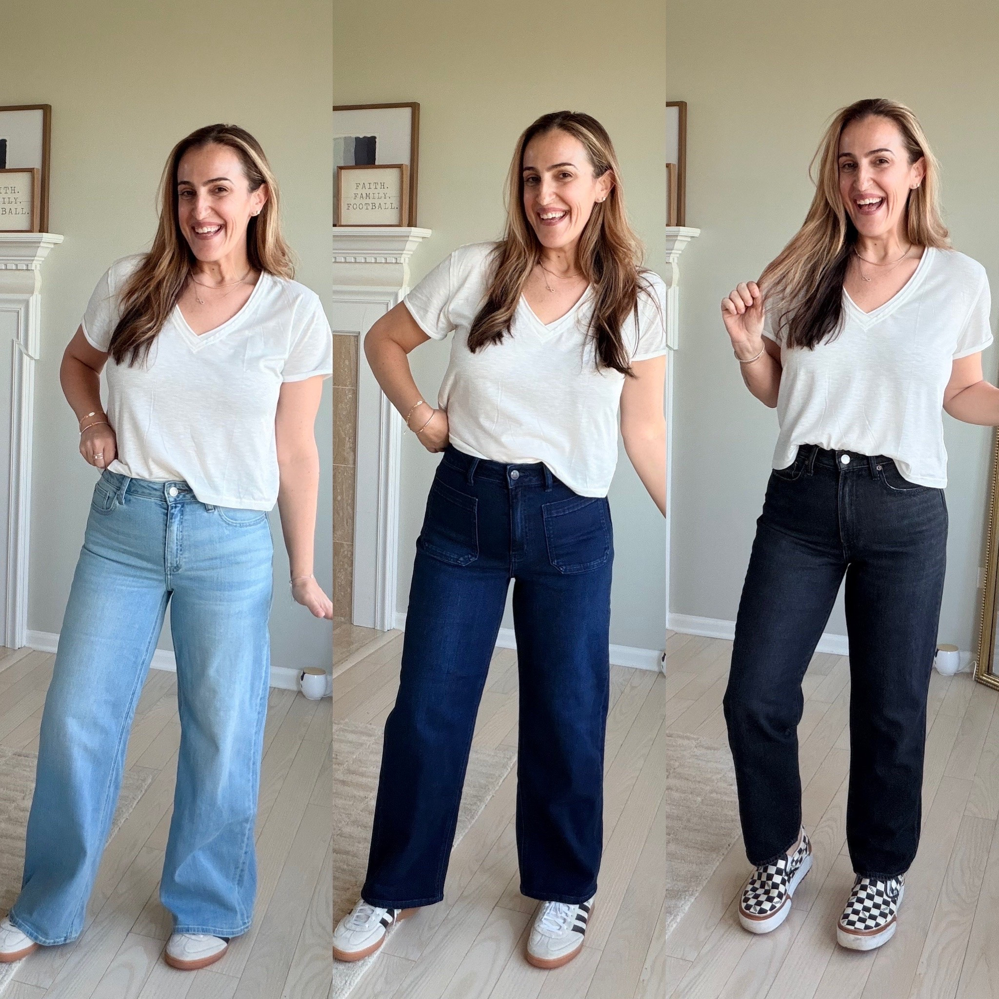 Amazing jeans from @Quince 
The first 2 have stretch but hold their shape and the last pair is a rigid fit! 
I wear a 28 in the blues and a 29 in the black!
#quincepartner