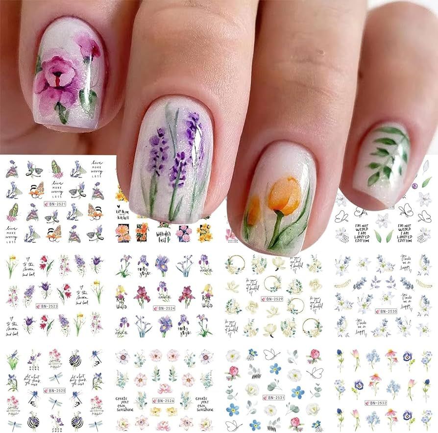 12 Sheets Flower Nail Art Stickers Decals Spring Summer Nail Decals Water Transfer Nail Art Suppl... | Amazon (US)