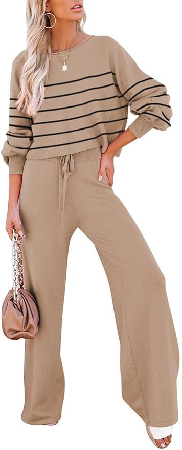 Pink Queen Two Piece Outfits for Women Lounge Sets Striped Knitted Sweater Tops Wide Leg Pants Lo... | Amazon (US)