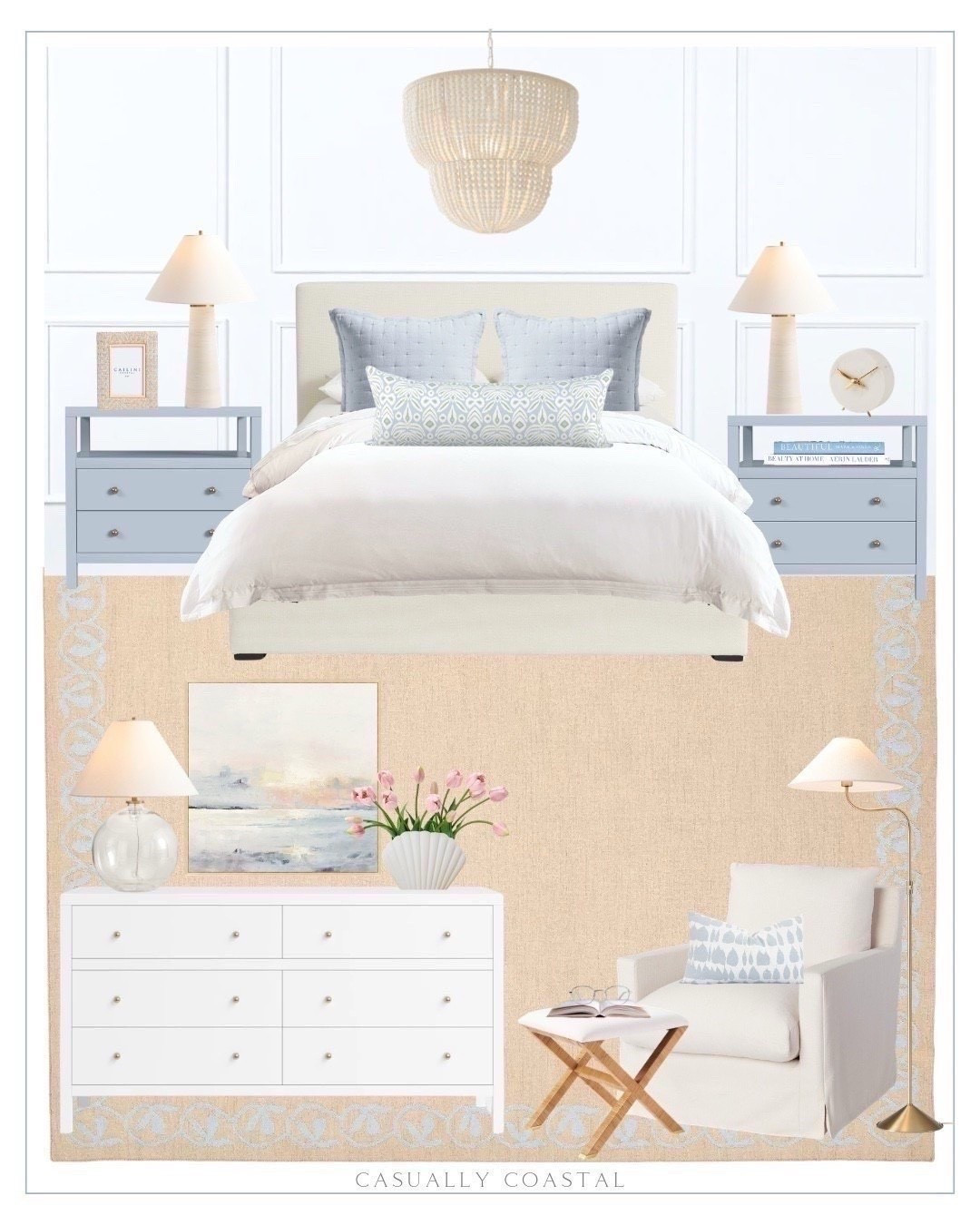 Coastal Primary Bedroom - several items are on sale! 

Coastal home, primary bedroom, neutral bedroom, coastal rug, bedroom rug, coastal bed, coastal bedding, coastal lamp, coastal nightstand, blue nightstand, coastal wall art, coastal artwork, coastal floor lamp, coastal pillow cover, 2 drawer nightstand, pottery barn bed, organic percale duvet cover, feather filled swivel chair, accent chair, rattan table lamp, Serena & lily rug, coastal blue rug, sky pillow cover, wood bead 2 tier chandelier, rattan X-base stool, chevron rattan photo frame, coastal photo frame, marble clock, scallop marble dish, 6 drawer dresser, artificial tulips, white ceramic vase, shell shaped vase, recycled glass ball lamp, floor lamp, coastal book, decor book, pastel sunset framed canvas, Etsy pillow covers, lumbar pillow cover, synthetic down pillow insert, feather down throw pillow insert

#LTKHome