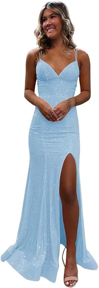 Fivsole Saprkly Long Sequin Prom Dress with Slit V-Neck Spaghetti Strap Mermaid Formal Dress Even... | Amazon (US)