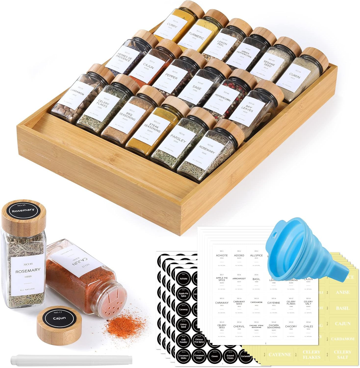 Bamboo Spice Drawer Organizer with Jars and Labels, Spice Rack with Jars and Bamboo Lids for Coun... | Amazon (US)