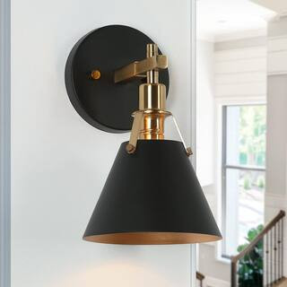 Classic 6 in. 1-Light Black Small Wall Sconce with Open Bell Metal Shade, Vintage Plated Brass Ba... | The Home Depot