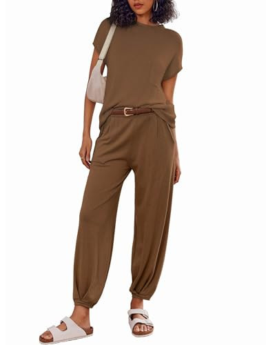 Ekouaer Women's 2 Piece Lounge Set Cap Sleeve Tops and Jogger Pants Knit Pajama Sweatsuit S-XXL | Amazon (US)