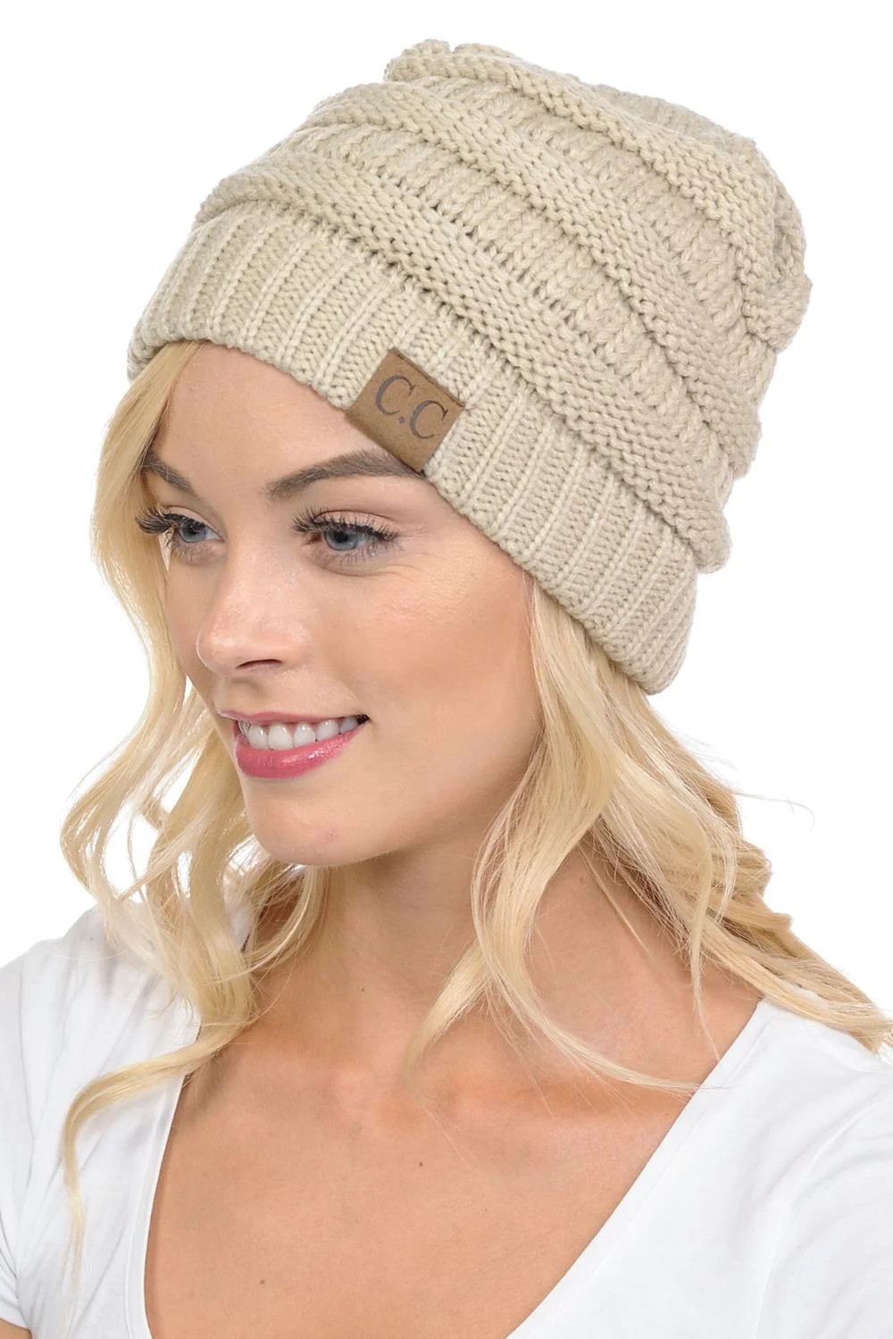 C.C Hat-20A Slouchy Thick Warm Cap Hat Skully Color Cable Knit Beanie Beige - Walmart.com | Walmart (US)