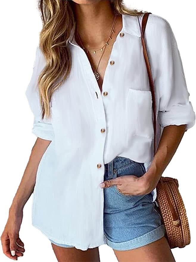 HOTOUCH Womens Cotton Button Down Shirt Casual Long Sleeve Loose Fit Collared Linen Work Blouse T... | Amazon (US)