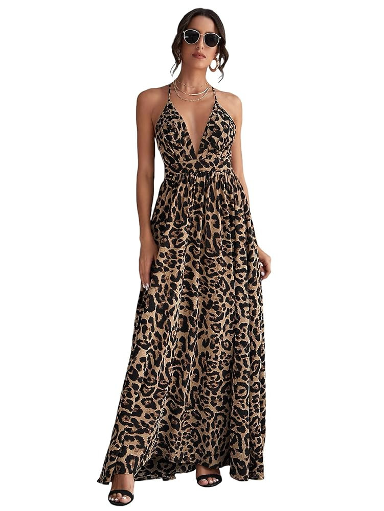 Floerns Women's Deep V Neck Leopard Crisscross Backless Beach Maxi Dress | Amazon (US)