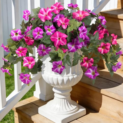 Artificial Fake Flowers Plants for Outdoor Decoration, 2PCS Faux Petunias Silk Flower UV Resistant No Fade Floral for Home Outside Garden Balcony Yard Porch Realistic Indoor Decor (Fuchsia Lotus) | Amazon (US)