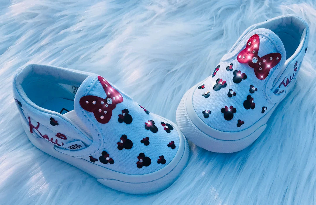 New White Minnie Mouse Disney or Mickey Inspired Vans Slip on Customized With Name & Swarovski Cr... | Etsy (US)