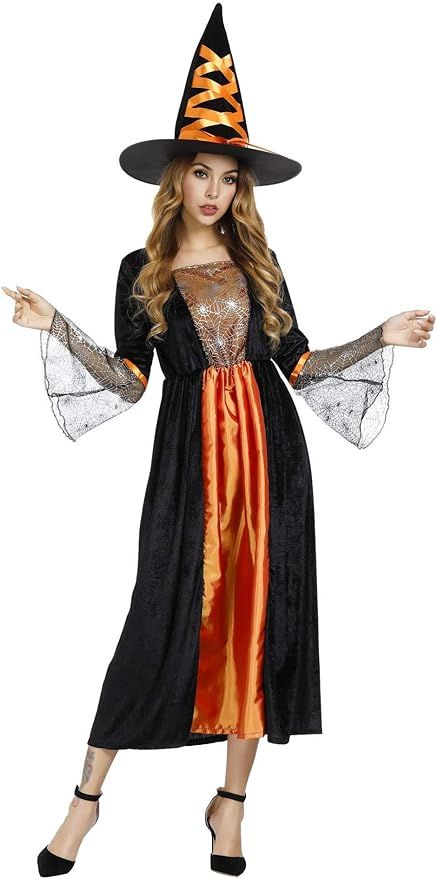 frawirshau Witch Costume for Women Sorceress Dress Wicked Witch Hat Sexy Halloween Costumes | Amazon (US)