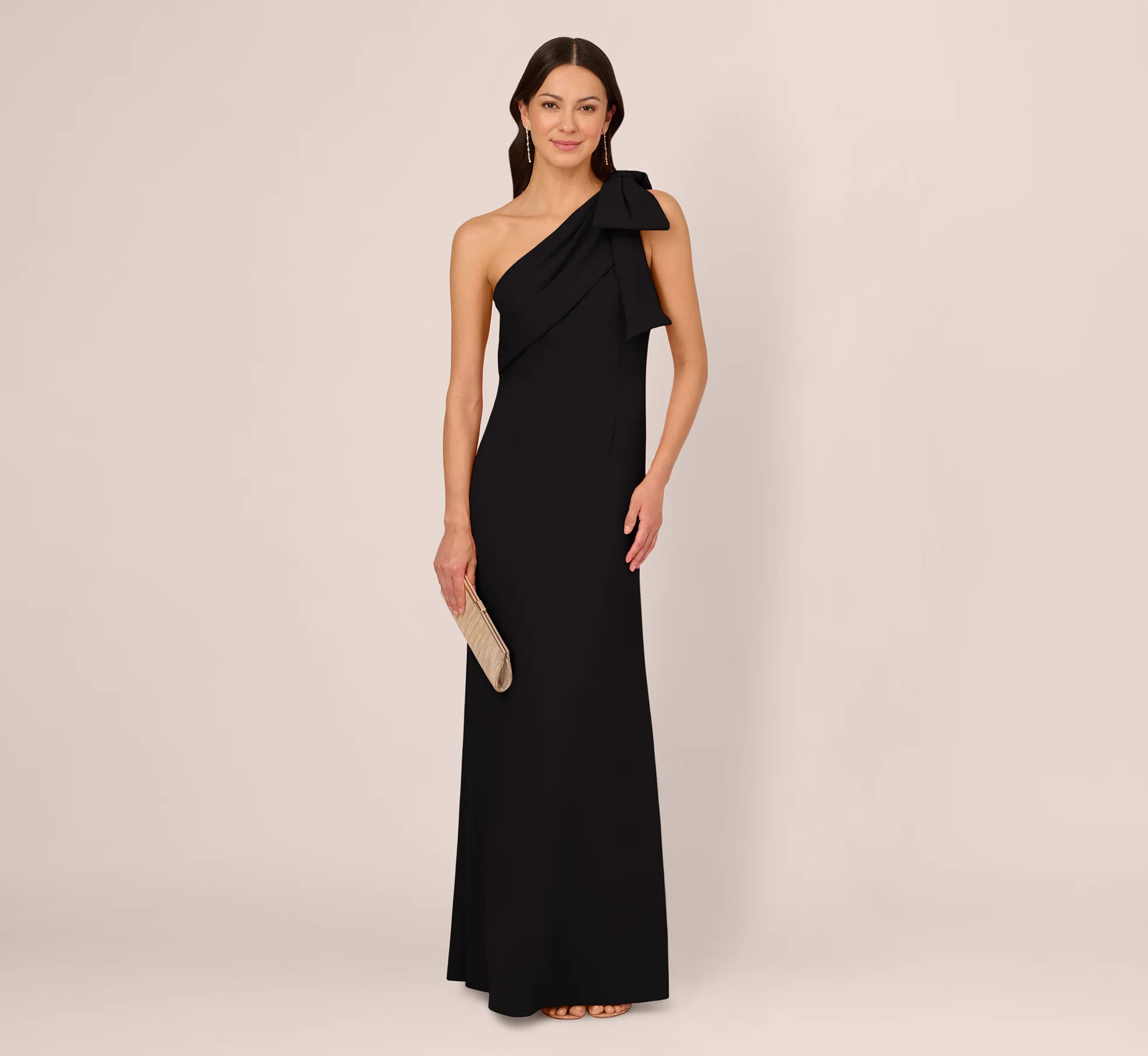 Stretch Crepe One Shoulder Mermaid Gown With Bow Accent In Black | Adrianna Papell