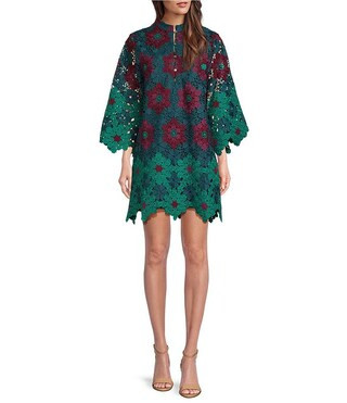 J.Marie Asher 3D Geometric Lace Mandarin Collar Button Front Long Sleeve Straight Line Mini Dress... | Dillard's