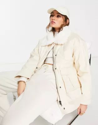 ASOS DESIGN cozy borg collared cotton puffer jacket in cream | ASOS (Global)