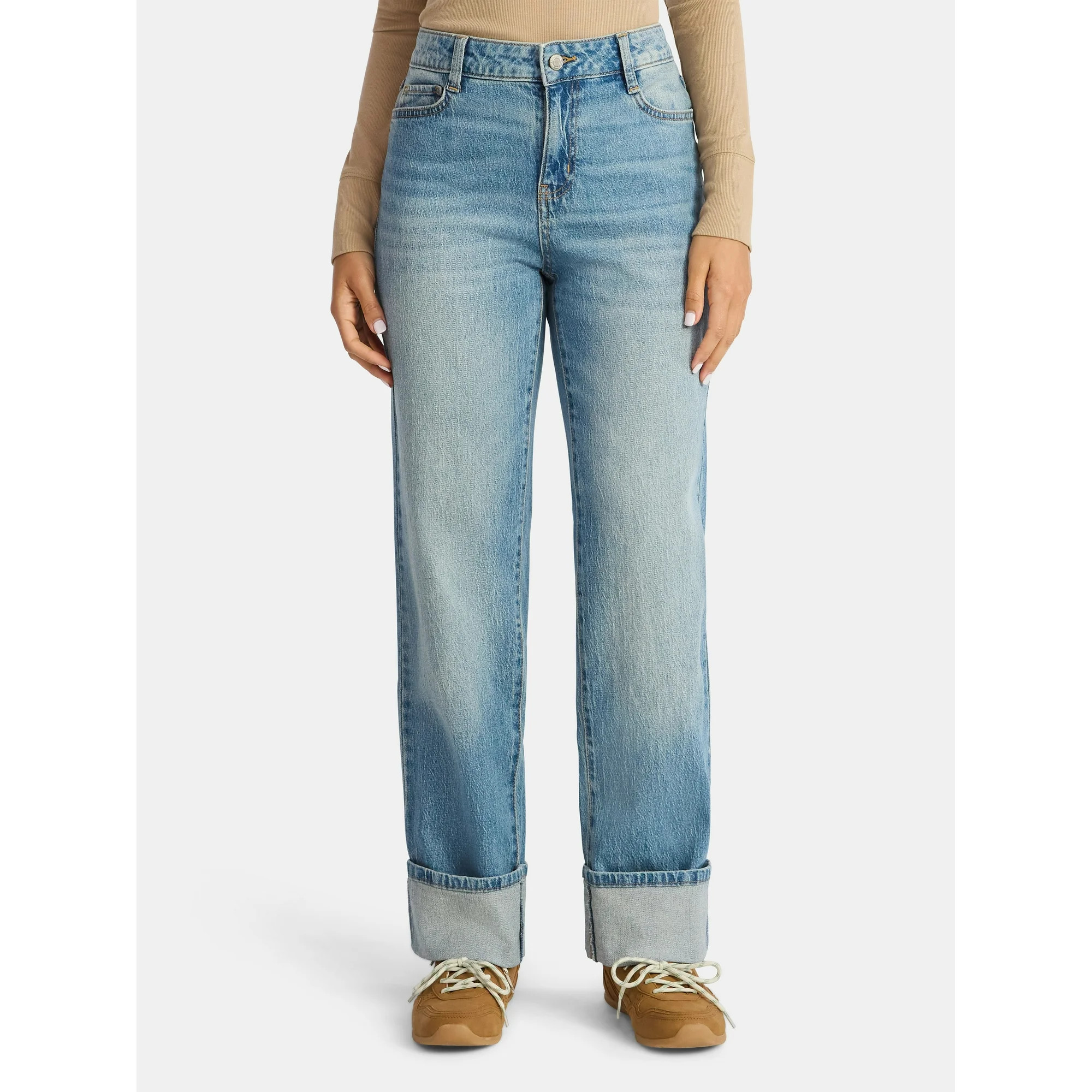 Time and Tru Women's High Rise Straight Jeans with Cuffs, 29" Inseam, Sizes 0-20 - Walmart.com | Walmart (US)