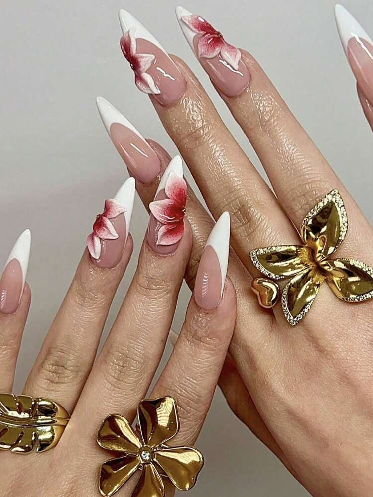 Pure Handmade Nails 3D Nails French Nails 3D Flower Nails Stiletto Press On Nails False Nails For Girl Women Nail Supplies Nails | SHEIN