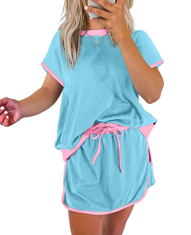 SELINK Lounge Sets for Women 2 Piece Skirt Colorblock Drop Shoulder T Shirt and Skort Set Summer ... | Amazon (US)