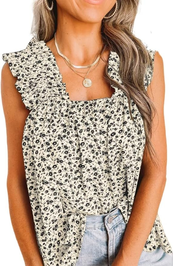 PRETTYGARDEN Boho Floral Tank Tops for Women, Shirred Straps Pleated Summer Casual Sleeveless Shi... | Amazon (US)