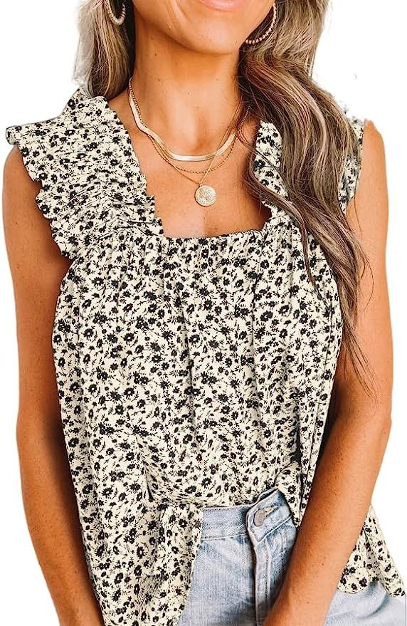 PRETTYGARDEN Boho Floral Tank Tops for Women, Shirred Straps Pleated Summer Casual Sleeveless Shi... | Amazon (US)