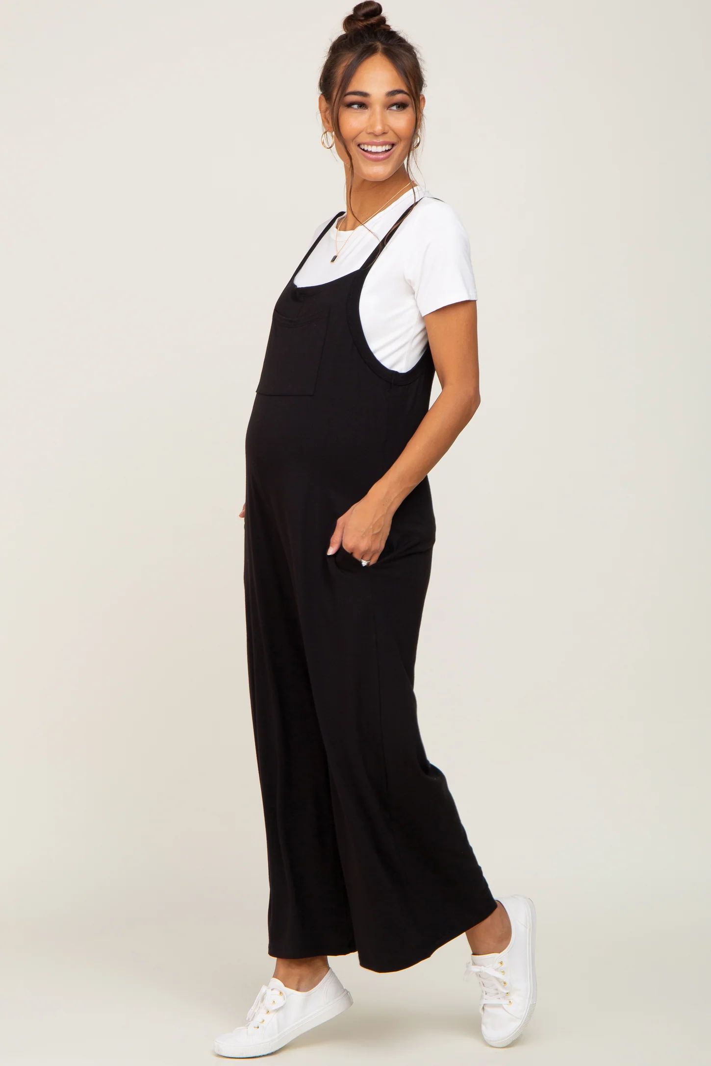 Black Sleeveless Pocketed Wide Leg Maternity Jumpsuit | PinkBlush Maternity