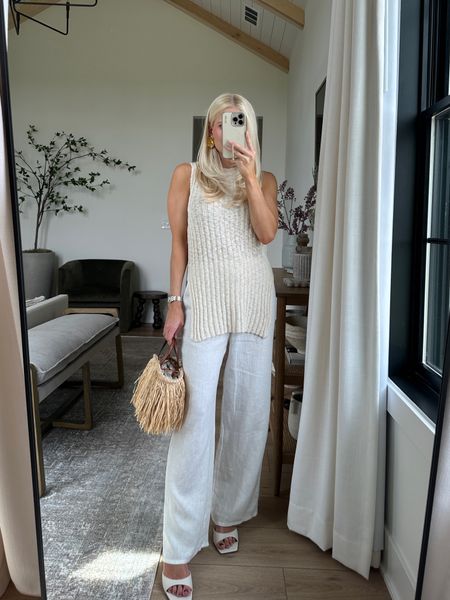 Mango MDW Sale - Get 30% off $230+ with code: WEEKEND 🙌🏻 Pants are kinda sheer so you have to wear them with a longer top like this or would be cute with an oversized white button up. Or wear as beach pants - Wearing a small in top and bottoms, shoes run tts. #kathleenpost #ad #Mango @Mango