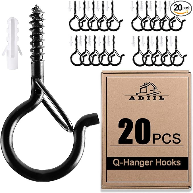 ADIIL 20 PCS Q Hanger Hooks with Safety Buckle, Windproof Screw Hooks for Hanging Outdoor String ... | Amazon (US)