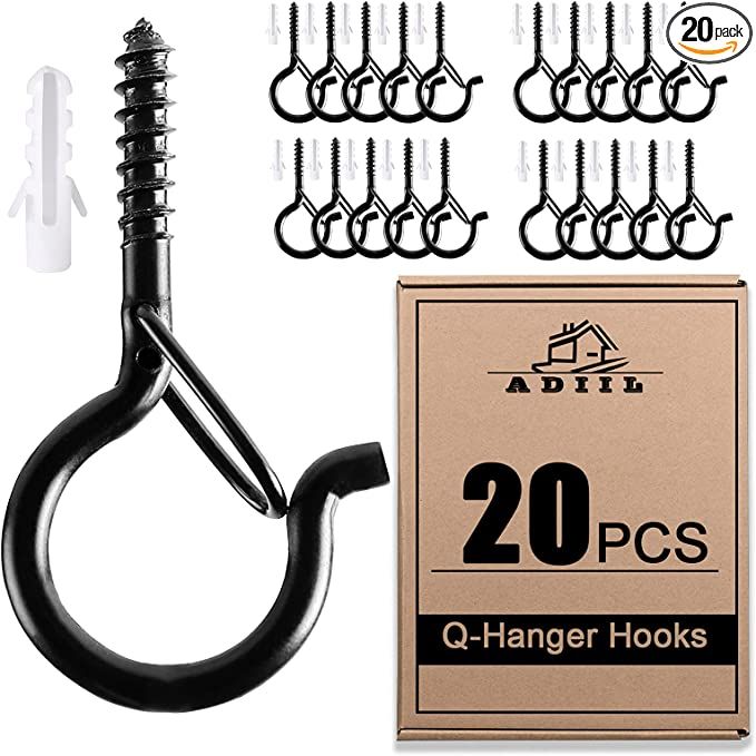 ADIIL 20 PCS Q Hanger Hooks with Safety Buckle, Windproof Screw Hooks for Hanging Outdoor String ... | Amazon (US)