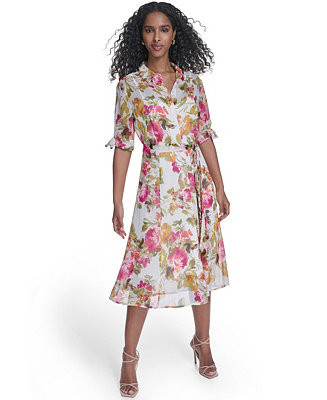 Women's Tie-Sleeve Printed Midi Dress | Macy's