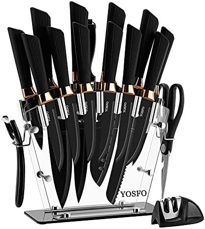 Kitchen Knife Set with Block, Knives Set with Acrylic Stand, 17Pcs Stainless Steel Cutlery Knife ... | Amazon (US)