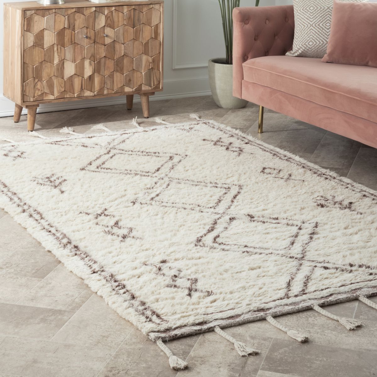 Beige Shaggy Double Helix With Tassels Area Rug | Rugs USA