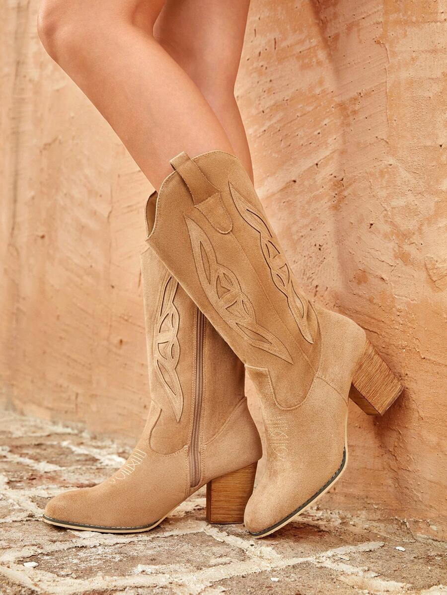 Styleloop Women's Fashion Brown Toe Pointed Side Panel Pattern Low Heel Western Cowboy Boots For ... | SHEIN