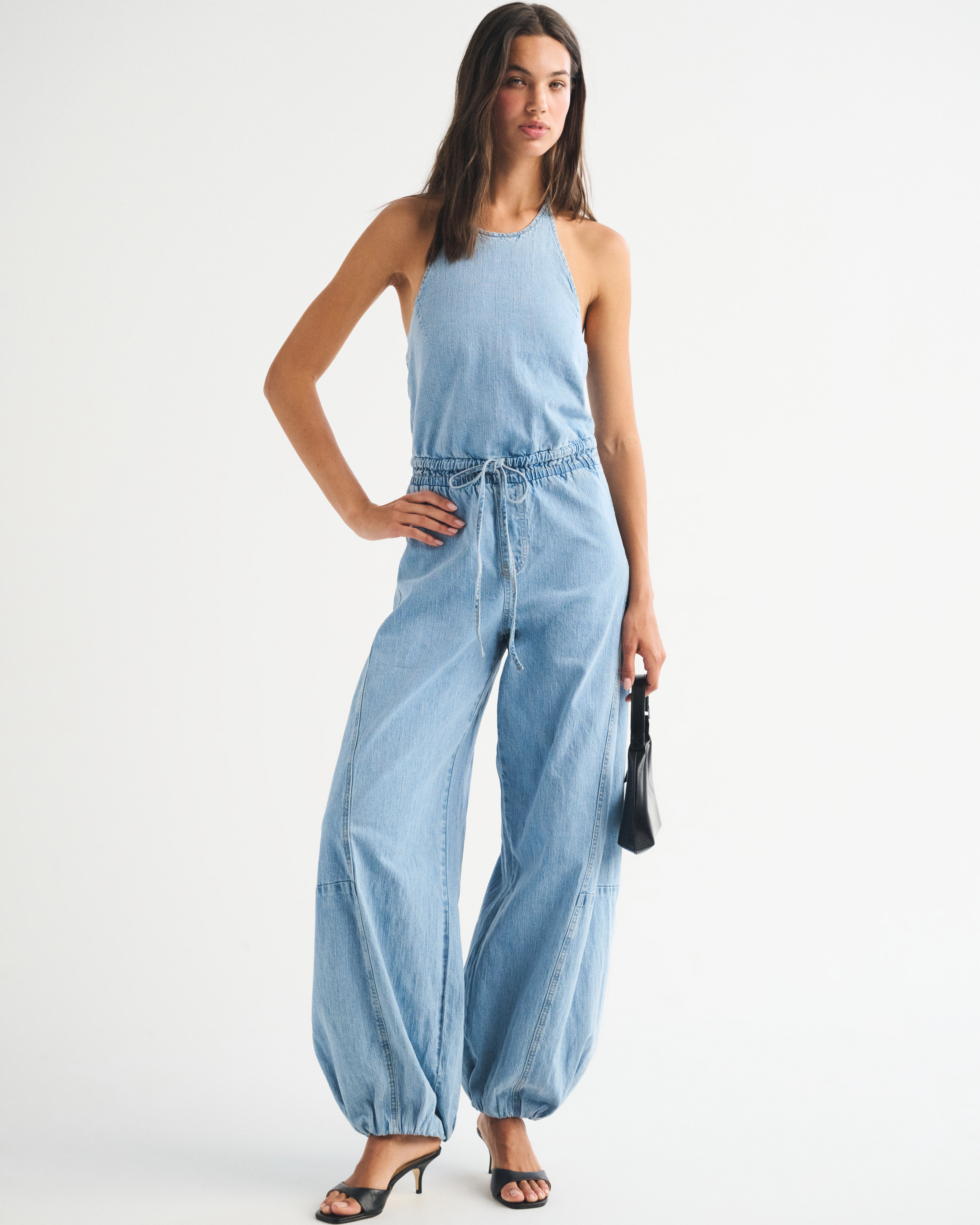 High-Neck Linen-Blend Denim Balloon Leg Jumpsuit | Abercrombie & Fitch (US)