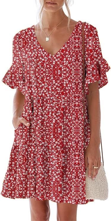 nclook Women's Summer Casual Dress Sweet & Cute V-Neck Mini Dress with Pocket Short Sleevele Ruff... | Amazon (US)