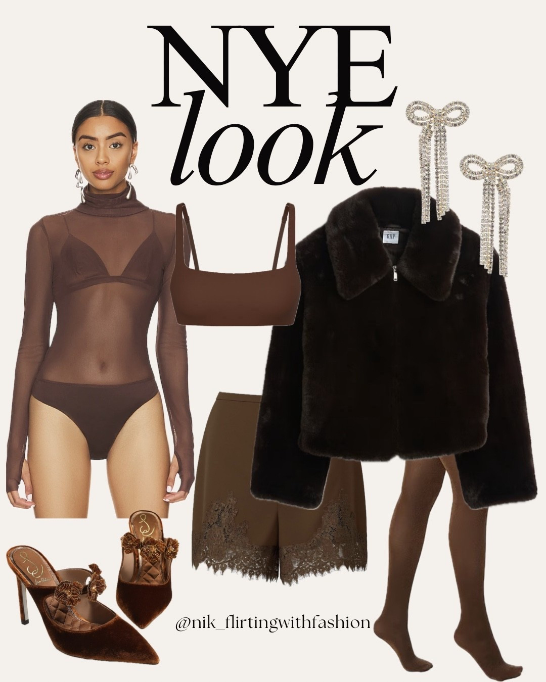 NYE outfit inspo :: Lace satin shorts, sheer body suit, velvet heels, fur coat, sheer shimmer tights, sparkle earrings, brown outfit, winter party look

#LTKOver40 #LTKHoliday #LTKFindsUnder50