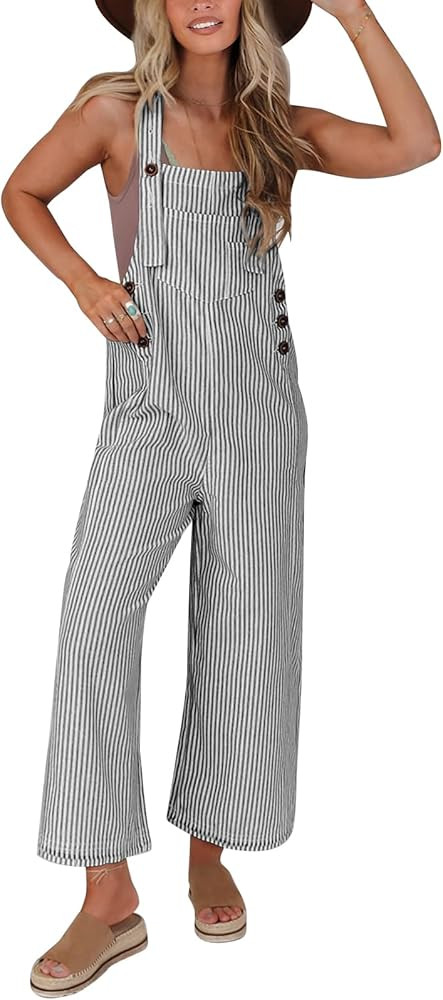 PRETTYGARDEN Overall Jumpsuit For Women 2024 Summer Casual Wide Leg Sleeveless Button Striped Jum... | Amazon (US)