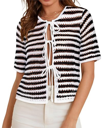 Sweater with Bows for Women Cropped Sweater Womens Cardigans Dressy Casual Womens Beach Cover Up Black White Stripe Size L | Amazon (US)
