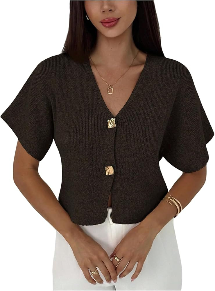 SOLY HUX Women's Short Sleeve Office 2025 Fall Winter Cardigan Sweater Button Down V Neck Slim Fi... | Amazon (US)