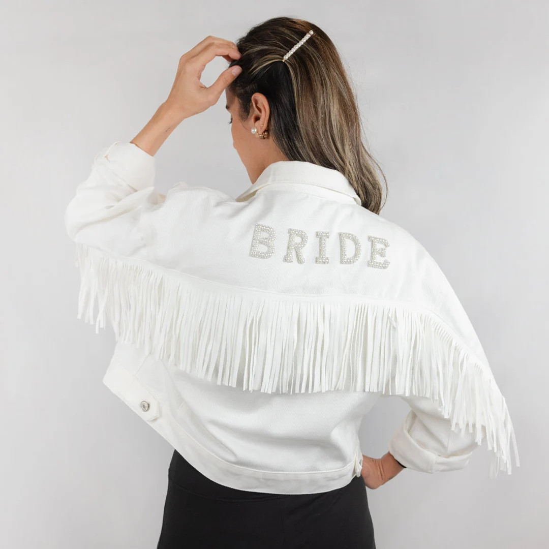 White Fringe BRIDE Patch Jean Jacket, Iron on Bride Patch Denim Jacket, Bride Iron on Denim Lette... | Etsy (US)