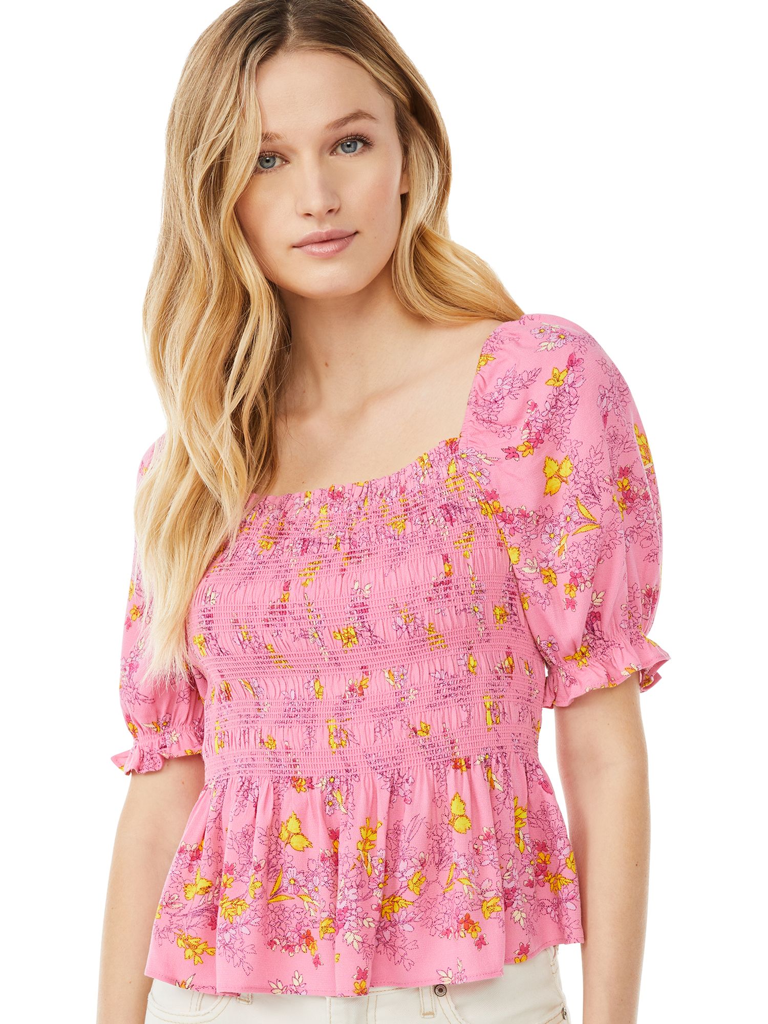 Scoop Short Sleeve Peplum Pullover Smocked Back Top (Women's) 1 Pack | Walmart (US)