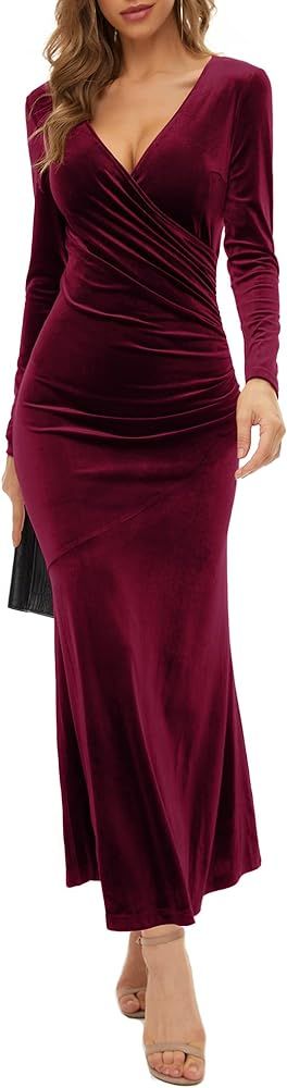 Women's V Neck Wrap Long Sleeve Elegant Mermaid Velvet Cocktail Maxi Dress Evening Party | Amazon (US)