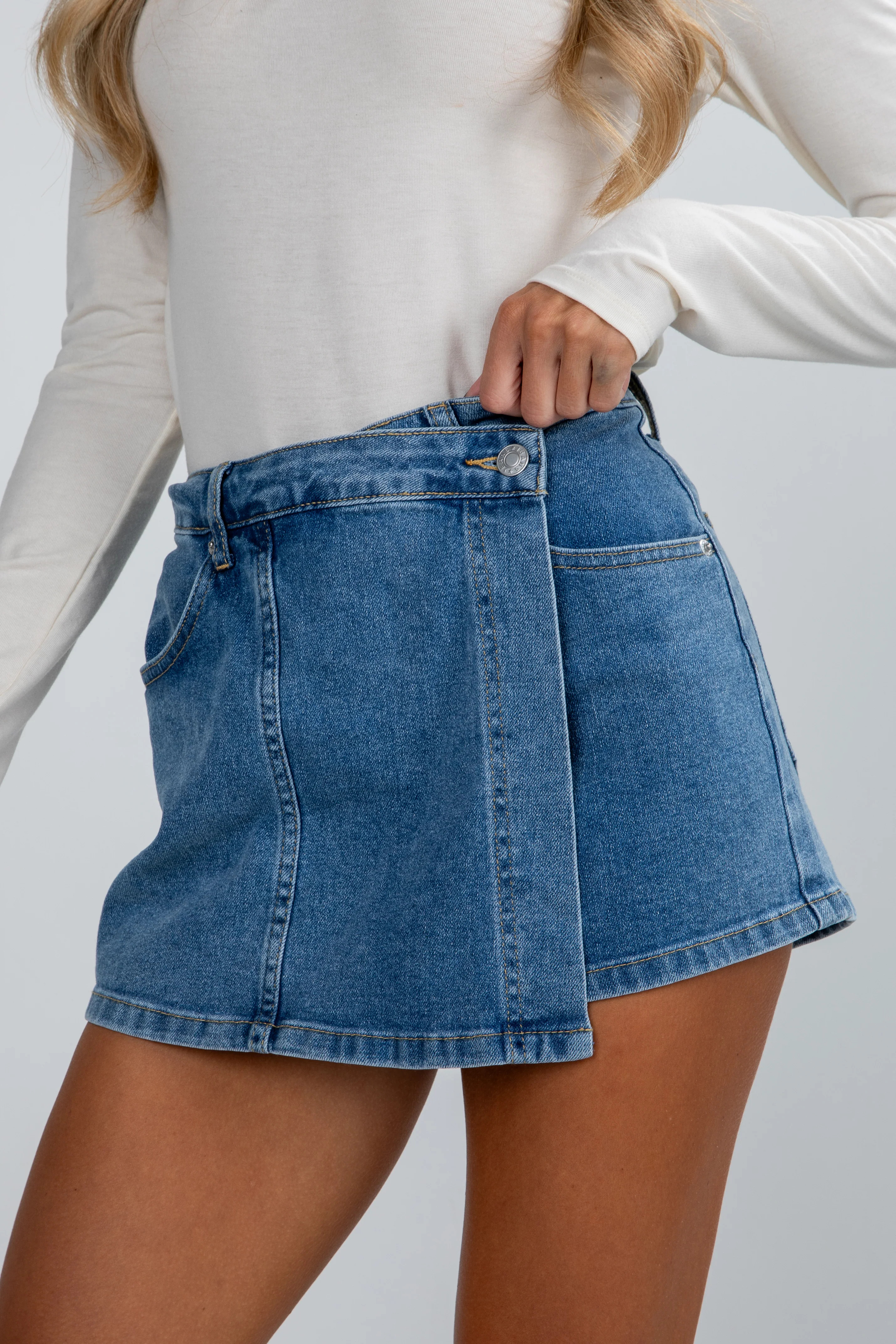 Cute Medium Wash Denim Skort | Women's Denim Skirts | DressUp | Dress Up