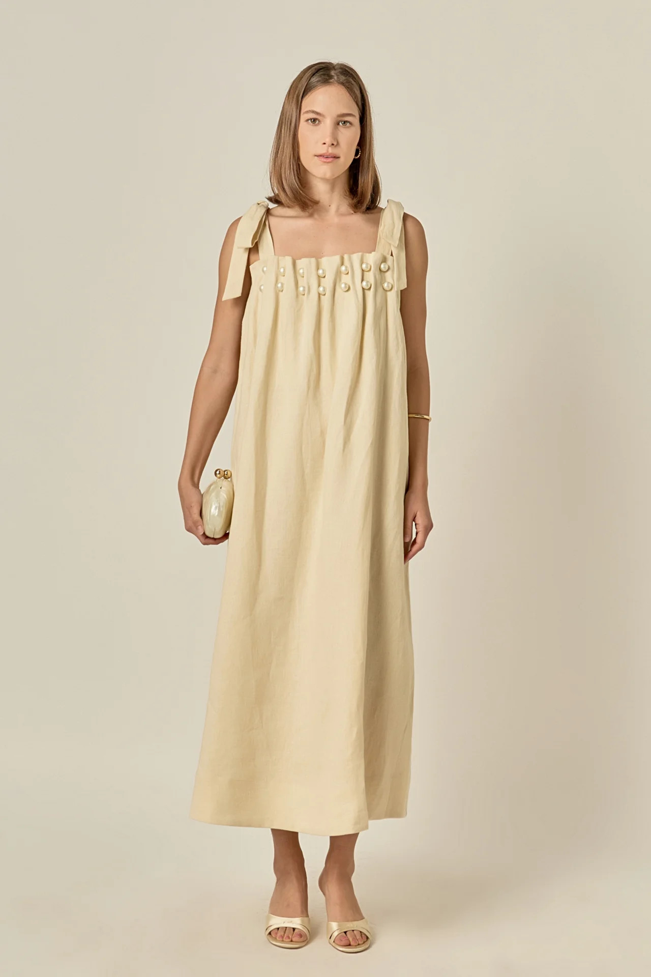 Pearl Tie Strap Linen Midi Dress | English Factory