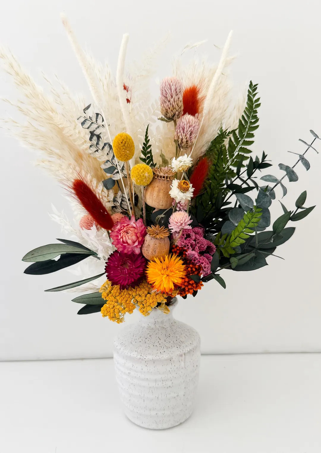 Yellow, Pink, Orange Wildflower + Eucalyptus Dried Floral Arrangement | Etsy (Global)